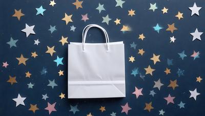The primary subject of the image is a white shopping bag with a handle. The bag is placed on a blue background with stars. The visual style of the image is a photo, and the colors and mood are predominantly white and blue, with a touch of starry patterns.
