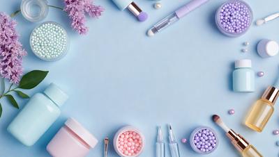 The primary subject of the image is a collection of makeup and beauty products, including various bottles, tubes, and brushes. The setting is a table with a blue surface, which serves as the backdrop for the items. The visual style is a close-up of the items, showcasing their details and colors. The dominant colors in the image are shades of blue and purple, which create a calm and soothing atmosphere.