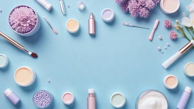 The primary subject of the image is a collection of makeup products, including various bottles, tubes, and containers. These items are arranged on a blue surface, which serves as the setting or background. The visual style of the image is a close-up of the makeup products, showcasing their details and colors. The dominant colors in the image are shades of blue and pink, which contribute to a calm and soothing atmosphere.