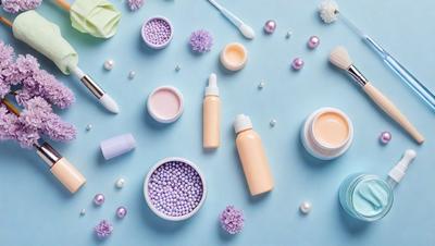 The primary subject of the image is a collection of various cosmetic products, including bottles, tubes, and containers. These items are arranged on a blue surface, which serves as the setting or background. The visual style of the image is a close-up of the cosmetics, showcasing the details of the products. The colors and mood of the image are predominantly purple and pink, giving it a feminine and elegant appearance.