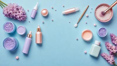 The primary subject of the image is a collection of various cosmetic products, including bottles, tubes, and brushes, all displayed on a blue surface. The setting appears to be a counter or a table, with the products arranged neatly. The visual style of the image is a close-up of the cosmetic products, showcasing their details and colors. The dominant colors in the image are blue and white, creating a clean and professional appearance. The overall atmosphere of the image is focused on beauty and personal care