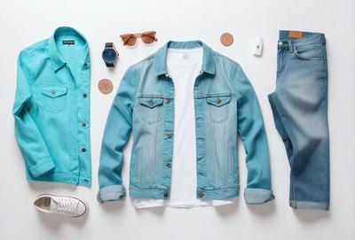 The primary subject of the image is a blue denim jacket, which is laid out on a white surface. The jacket is accompanied by a white shirt, a pair of blue jeans, and a pair of sunglasses. The setting appears to be a studio or a similar environment, as the items are neatly arranged and displayed. The visual style of the image is a combination of photo and digital art, creating a clean and organized presentation of the clothing items. The colors and mood of the image are predomin