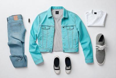 The primary subject of the image is a blue jacket, which is laid out on a white surface. The jacket is accompanied by a pair of blue jeans and a pair of black and white shoes. The setting appears to be a clean and organized space, possibly a store or a display area. The visual style of the image is a close-up of the jacket and its accompanying items, showcasing the details of the clothing and footwear. The colors and mood of the image are predominantly