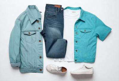 The primary subject of the image is a blue jacket and blue jeans. The setting is a white background, and the visual style is a photo. The dominant colors are blue and white, creating a calm and relaxed atmosphere.