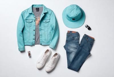 The primary subject of the image is a blue jacket, which is placed on a white surface. The setting is a studio, and the visual style is a photo. The dominant colors are blue and white, creating a calm and serene atmosphere.