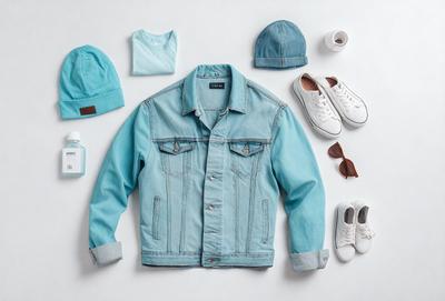 The primary subject of the image is a blue denim jacket. The setting is a white background, and the visual style is a photo. The dominant colors are blue and white, creating a casual and relaxed atmosphere.