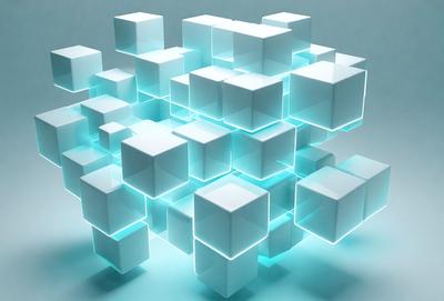 The primary subject of the image is a three-dimensional, lighted display of white cubes. The setting is a blue background, which creates a contrasting and visually appealing environment. The visual style is a combination of digital art and illustration, as the cubes are lit up and appear to be floating in the air. The dominant colors are white and blue, creating a clean and modern atmosphere.