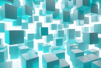 The primary subject of the image is a large number of blue cubes or blocks, which are arranged in a visually appealing manner. The setting is a white background, which provides a clean and minimalist look to the scene. The visual style is a combination of digital art and illustration, creating a unique and eye-catching design. The dominant colors are blue and white, giving the image a calm and soothing atmosphere.