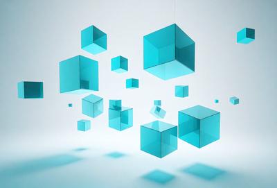 The primary subject of the image is a collection of blue cubes or blocks floating in the air. The setting is a white background, which provides a clean and minimalist appearance. The visual style is a combination of digital art and illustration, creating a unique and eye-catching design. The dominant colors are blue, which gives the image a calm and soothing atmosphere.