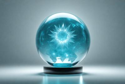 The primary subject of the image is a large, blue, glass globe with a sun design inside. The globe is placed on a black base, which is situated on a white surface. The visual style of the image is a combination of photo and digital art, creating a unique and captivating display. The colors and mood of the image are predominantly blue and white, giving it a calm and serene atmosphere.
