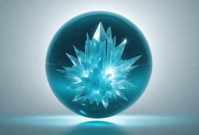 The primary subject of the image is a large, blue, crystal-like sphere with a star-like pattern on it. The setting is a white background, which provides a clean and minimalist look to the image. The visual style is a combination of photo and digital art, creating a unique and eye-catching design. The colors and mood of the image are predominantly blue, with a touch of white, giving it a calm and serene atmosphere.