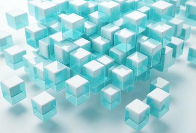 The primary subject of the image is a large, intricate, and colorful arrangement of blue and white cubes. The setting is a white background, which provides a clean and uncluttered environment for the cubes. The visual style is a combination of digital art and illustration, creating a vibrant and eye-catching pattern. The colors and mood of the image are predominantly blue and white, giving it a calm and serene atmosphere.