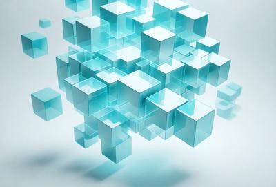 The primary subject of the image is a three-dimensional, blue-tinted, geometric pattern. The setting is a white background, which provides a clean and minimalist appearance. The visual style is a combination of digital art and illustration, creating a unique and intricate design. The dominant colors are blue and white, giving the pattern a modern and sophisticated feel.