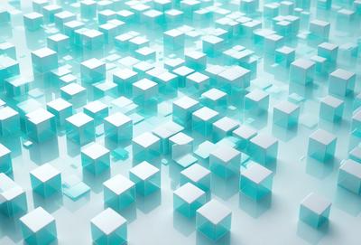 The primary subject of the image is a large number of blue and white cubes arranged in a visually appealing manner. The setting is a white background, which provides a clean and uncluttered environment for the cubes. The visual style of the image is a combination of digital art and illustration, creating a unique and eye-catching pattern. The dominant colors in the image are blue and white, giving the scene a calm and soothing atmosphere.