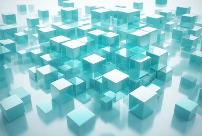 The primary subject of the image is a large, intricate, and colorful arrangement of blue and white cubes. The setting is a white background, which provides a clean and uncluttered environment for the cubes. The visual style is a combination of digital art and illustration, as the cubes are arranged in a complex pattern. The colors and mood of the image are vibrant and lively, with the blue and white cubes creating a sense of depth and complexity.