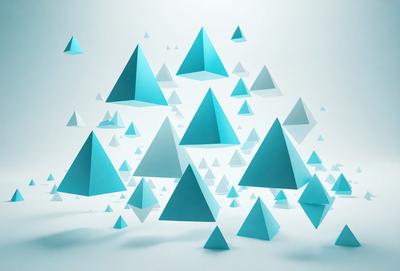The primary subject of the image is a collection of blue triangles. These triangles are arranged in various positions and orientations, creating a visually interesting and dynamic scene. The setting is a white background, which provides a clean and minimalist appearance to the triangles. The visual style of the image is a combination of digital art and illustration, as the triangles are created using a computer-generated design. The dominant colors in the image are blue, which gives the scene a calm and soothing atmosphere.