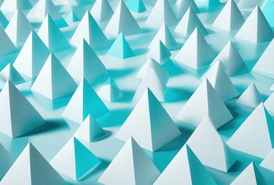 The primary subject of the image is a large number of white triangles arranged in a pattern. The setting is a white surface, which could be a table or a wall. The visual style is a combination of digital art and illustration, creating a unique and eye-catching pattern. The dominant colors are white and blue, giving the image a clean and fresh appearance.