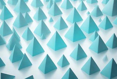 The primary subject of the image is a large number of blue triangles, which are arranged in a pattern on a white surface. The setting is a white wall, and the visual style is a combination of digital art and illustration. The dominant colors are blue and white, creating a clean and modern atmosphere.