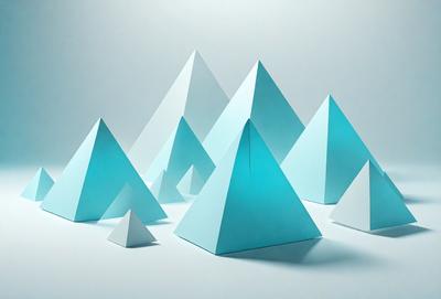 The primary subject of the image is a collection of blue triangles, which are arranged in a pyramid shape. The setting is a white background, and the visual style appears to be a digital art or illustration. The dominant colors in the image are blue and white, creating a clean and modern atmosphere.