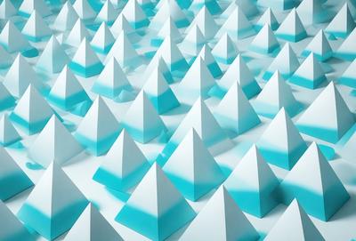 The primary subject of the image is a large number of white triangles, which are arranged in a pattern. The setting is a white surface, possibly a table or a wall, where the triangles are placed. The visual style of the image is a combination of digital art and illustration, as the triangles are created using a computer program or a drawing tool. The colors and mood of the image are predominantly white, giving it a clean and minimalist appearance.