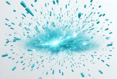 The primary subject of the image is a blue and white explosion, which appears to be a digital art or illustration. The setting is a white background, and the visual style is a combination of colors and patterns. The dominant colors are blue and white, creating a vibrant and energetic atmosphere.