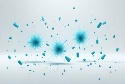 The primary subject of the image is a group of blue and white balls, which are floating in the air. The setting is a white background, and the visual style appears to be a digital art or illustration. The dominant colors in the image are blue and white, creating a calm and soothing atmosphere.