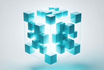 The primary subject of the image is a three-dimensional, blue-tinted cube made of glass. The cube is illuminated, creating a visually striking and unique design. The setting is a white background, which provides a clean and minimalist appearance. The visual style is a combination of digital art and glass craftsmanship, resulting in a modern and artistic representation of the cube. The colors and mood of the image are predominantly blue, giving it a calm and sophisticated atmosphere.