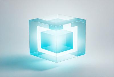 The primary subject of the image is a blue, square-shaped glass block. The setting is a white background, which provides a clean and minimalist appearance. The visual style is a digital art, as the glass block appears to be a 3D model or a digital rendering. The colors and mood of the image are predominantly blue, creating a calm and serene atmosphere.