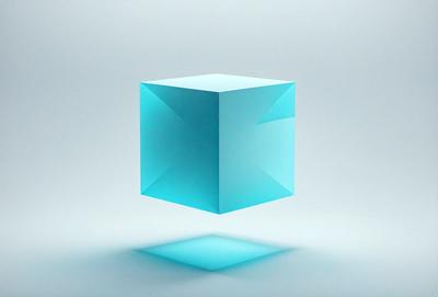 The primary subject of the image is a blue, three-dimensional box. The setting is a white background, which provides a clean and minimalist appearance. The visual style is a digital art, as the box appears to be a 3D model or a digital illustration. The colors and mood of the image are predominantly blue, creating a calm and serene atmosphere.