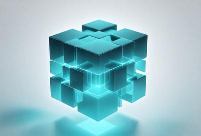 The primary subject of the image is a three-dimensional, blue, glass-like structure. The setting is a white background, which provides a clean and minimalist appearance. The visual style is a combination of digital art and illustration, creating a unique and eye-catching design. The dominant colors are blue and white, giving the image a modern and sophisticated feel.