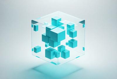 The primary subject of the image is a blue, three-dimensional cube. The cube is made up of smaller blue squares, giving it a unique and interesting appearance. The setting is a white background, which provides a clean and uncluttered environment for the cube to stand out. The visual style of the image is a combination of digital art and illustration, creating a modern and appealing design. The dominant colors in the image are blue and white, giving it a calm and soothing atmosphere.
