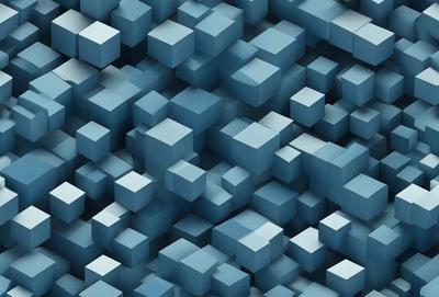 The primary subject of the image is a blue, three-dimensional grid pattern. The setting is a blue background, and the visual style is digital art. The dominant colors are blue and white, creating a calm and soothing atmosphere.