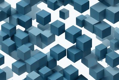 The primary subject of the image is a pattern of blue cubes, which are arranged in a visually appealing manner. The setting is a white background, which provides a clean and uncluttered environment for the blue cubes to stand out. The visual style of the image is a combination of digital art and illustration, as the blue cubes are created using a computer-generated design. The dominant colors in the image are blue and white, giving the overall atmosphere a sense of calmness and simplicity.