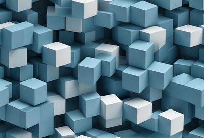 The primary subject of the image is a large number of blue and white cubes, which are arranged in a visually appealing manner. The setting is a blue background, which provides a contrasting and vibrant backdrop for the cubes. The visual style of the image is a combination of digital art and illustration, creating a unique and eye-catching design. The dominant colors in the image are blue and white, which contribute to a calm and soothing atmosphere.