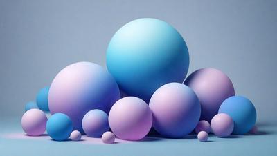 The primary subject of the image is a collection of three large, round, and colorful balls, which are placed on a blue surface. The setting appears to be a studio or a workspace, as the balls are arranged in a visually appealing manner. The visual style of the image is a combination of photo and digital art, creating a unique and eye-catching composition. The colors and mood of the image are vibrant and lively, with the blue surface and the bright colors of the balls creating a sense of energy