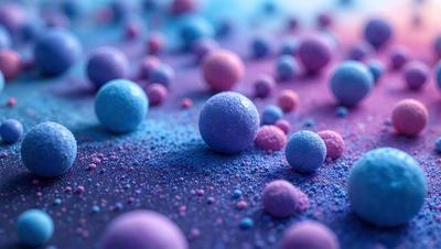 The primary subject of the image is a collection of colorful balls, including blue, pink, and purple, scattered across a surface. The setting appears to be a colorful, abstract background, possibly a painting or digital artwork. The visual style suggests a creative and vibrant atmosphere. The dominant colors and overall mood of the image are lively, energetic, and cheerful.