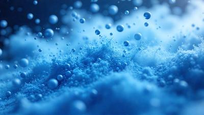 The primary subject of the image is a blue, swirling, and bubbling substance, which appears to be a mix of water and soap bubbles. The setting is a blue background, which adds to the overall visual style. The image is a digital art or illustration, showcasing the artist's creativity and skill in capturing the dynamic nature of the blue substance. The dominant colors in the image are blue and white, creating a calming and soothing atmosphere.