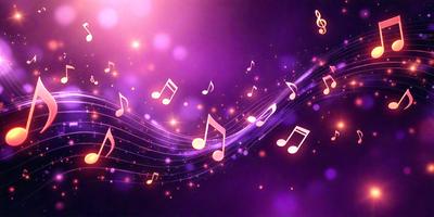 The primary subject of the image is a purple background with a swirling pattern of music notes. The setting is a dark background, which contrasts with the brightly colored music notes. The visual style is a combination of digital art and illustration, creating a unique and eye-catching design. The colors and mood of the image are predominantly purple, which gives it a calming and soothing atmosphere.