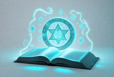 The primary subject of the image is a book with a blue cover. The book is open and features a blue star of David on its cover. The setting is a white background, which provides a clean and minimalist appearance. The visual style is a combination of digital art and illustration, creating a unique and eye-catching design. The colors and mood of the image are predominantly blue, giving it a calm and serene atmosphere.