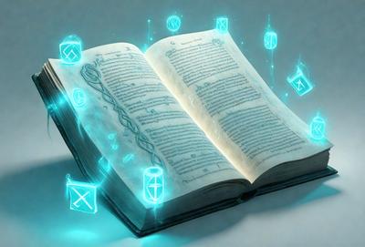 The primary subject of the image is a book with a blue glow surrounding it. The book is open and appears to be a fantasy novel. The setting is a white background, which provides a clean and minimalistic look. The visual style is a combination of digital art and illustration, creating a unique and captivating image. The dominant colors are blue and white, giving the scene a calm and enchanting atmosphere.