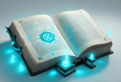 The primary subject of the image is a book with a blue glow. The book is open and has a blue circle on the pages. The setting is a white background, and the visual style is a digital art. The colors and mood of the image are predominantly blue, creating a calm and serene atmosphere.