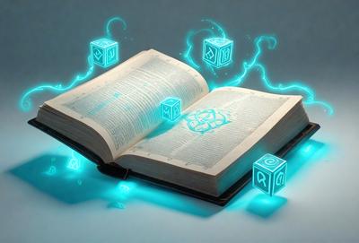 The primary subject of the image is a book with a blue glow surrounding it. The book is placed on a table, and the setting appears to be a futuristic or fantasy environment. The visual style of the image is a combination of digital art and illustration, creating a unique and captivating scene. The dominant colors in the image are blue and purple, giving the scene a sense of magic and wonder.
