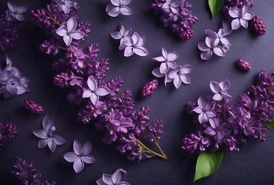 Purple flowers are the primary subject of the image. They are displayed against a purple background, creating a visually striking scene. The flowers are arranged in a pattern, with some of them appearing to be in a bouquet. The overall atmosphere of the image is serene and calming, with the purple flowers serving as the focal point.