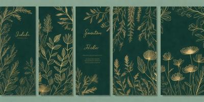 Primary subject: A collection of three cards with a plant theme.

Setting/background: The cards are displayed on a green background.

Visual style: The cards are illustrated with a plant theme, featuring leaves and flowers.

Colors and mood: The cards have a natural and calming color palette, with shades of green, brown, and gold.