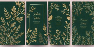 Primary subject: Three cards with green and gold designs.

Setting/background: The cards are displayed on a table.

Visual style: The cards are digital art, featuring intricate designs and patterns.

Colors and mood: The cards have a green and gold color scheme, giving them a sophisticated and elegant appearance.