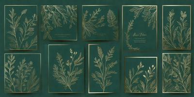 The primary subject of the image is a collection of six books, each featuring a different plant design. The books are displayed on a green background, showcasing the intricate details of the plant illustrations. The visual style of the image is a combination of digital art and illustration, with the books appearing to be made of metal. The colors and mood of the image are predominantly green, reflecting the natural theme of the plant designs.