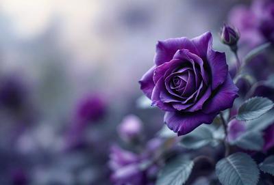 Purple rose with purple petals and green leaves.