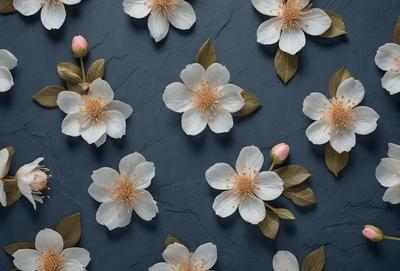 The primary subject of the image is a collection of white flowers, which are arranged in a pattern on a blue background. The flowers are depicted in various sizes and orientations, creating a visually appealing and harmonious composition. The setting appears to be a wall or a similar surface, which serves as the backdrop for the flowers. The visual style of the image is a combination of photo and digital art, as it captures the beauty of the flowers in a realistic yet artistic manner. The colors and mood of the