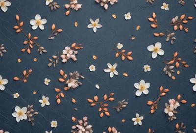 The primary subject of the image is a pattern of flowers, including cherry blossoms, on a blue surface. The setting appears to be a wall or a similar background, and the visual style is a combination of photo and digital art. The dominant colors are blue and white, with the flowers adding a touch of pink. The overall atmosphere is serene and elegant, with the flowers creating a beautiful and harmonious pattern.
