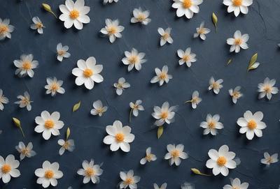 The primary subject of the image is a close-up of a flower, which is the main object of the image. The setting is a blue background, and the visual style appears to be a photo. The dominant colors are white and yellow, creating a bright and cheerful atmosphere.